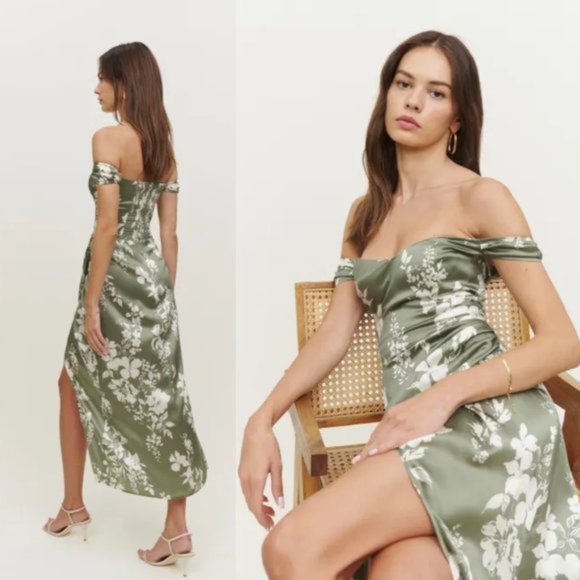 NWT Reformation Genesis Off-shoulder Silk Midi Dress Sz 2 Willow Floral Wrap - Picture 2 of 9